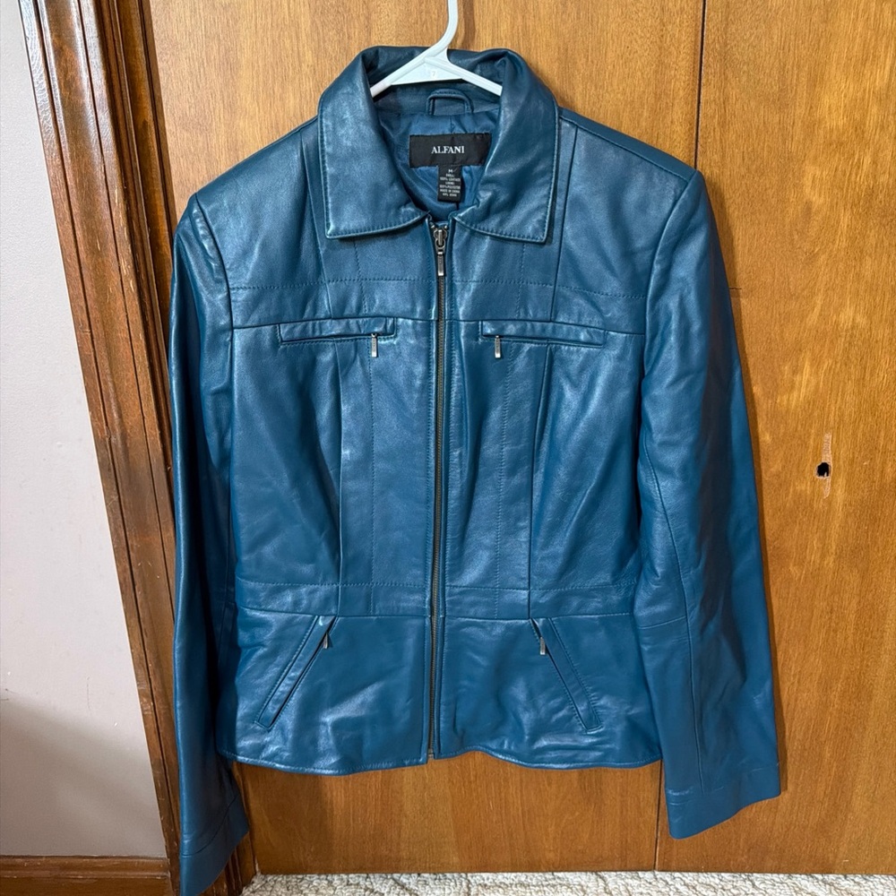 Alfani Teal Blue Leather Zip Jacket
